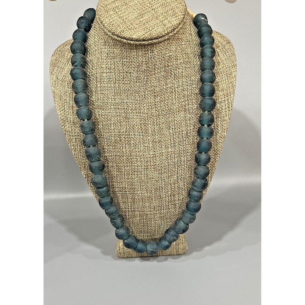Blue Frosted Beaded Glass Necklace on Cord 24"
